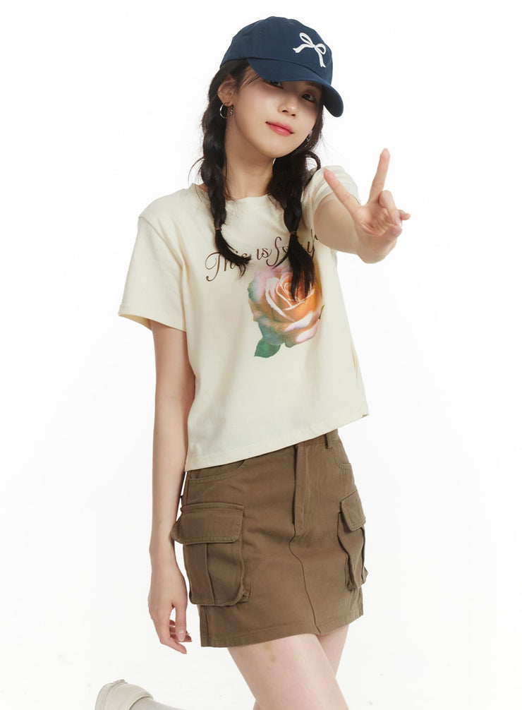 flower-graphic-crop-tee-of427 / Beige