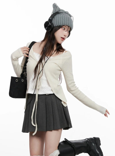 elegant-tie-front-ribbon-cardigan-in514 / Beige