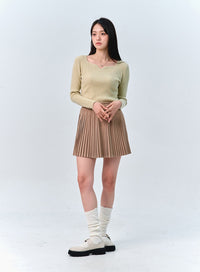 solid-pleated-mini-skirt-oo312 / Beige
