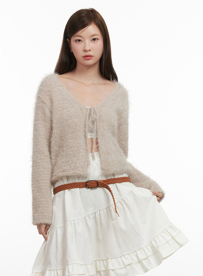 fuzzy-ribbon-tie-cardigan-ij527 / Beige