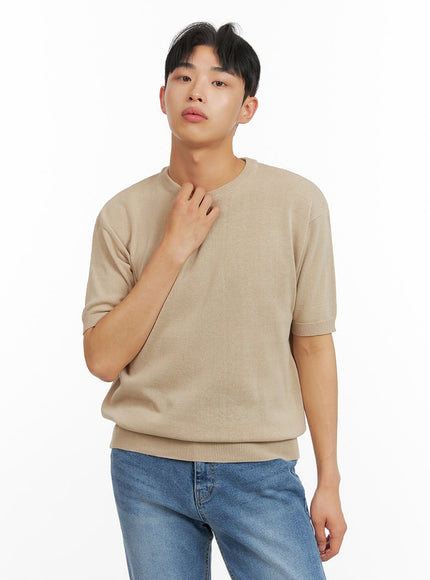 mens-round-neck-knit-t-shirt-iu412 / Beige