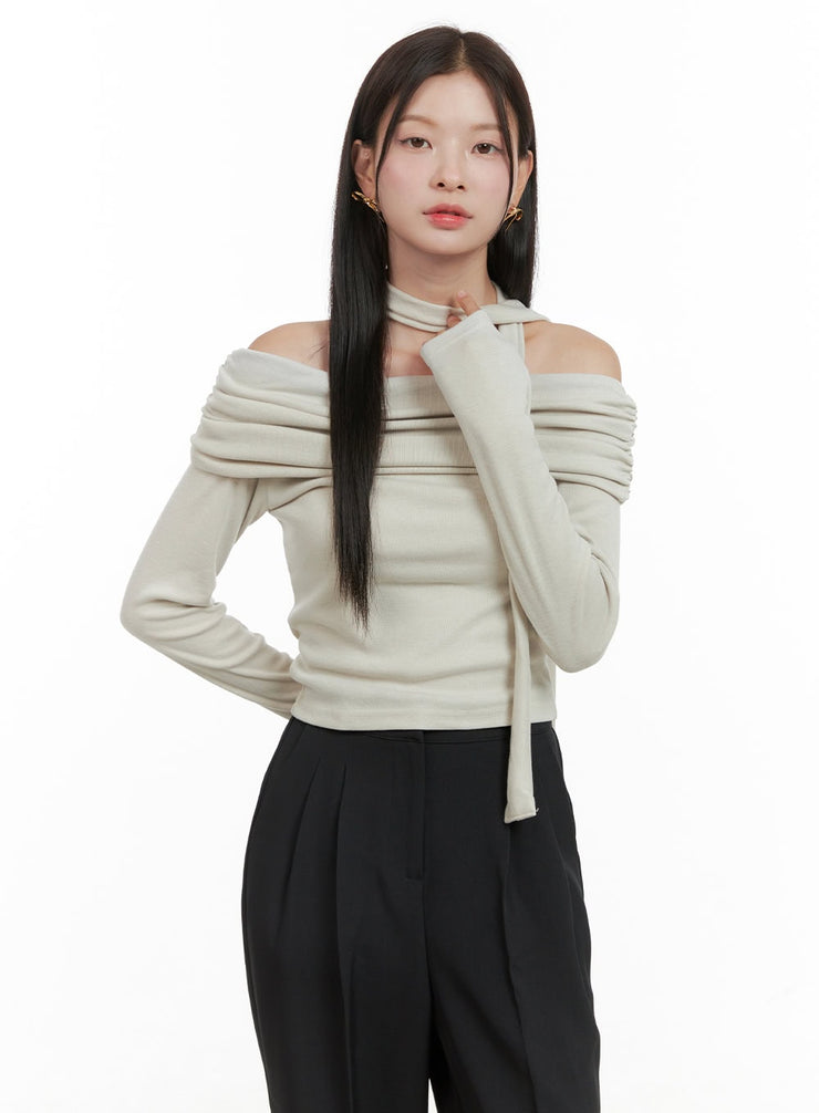 off-shoulder-crop-top-with-scarf-og416 / Beige