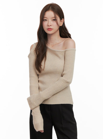 unbalanced-cut-out-one-shoulder-sweater-od403 / Beige