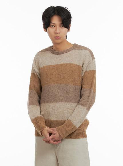 mens-fuzzy-stripe-knit-sweater-iy402 / Beige