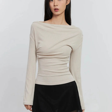 asymmetric-long-sleeve-top-is516 / Beige