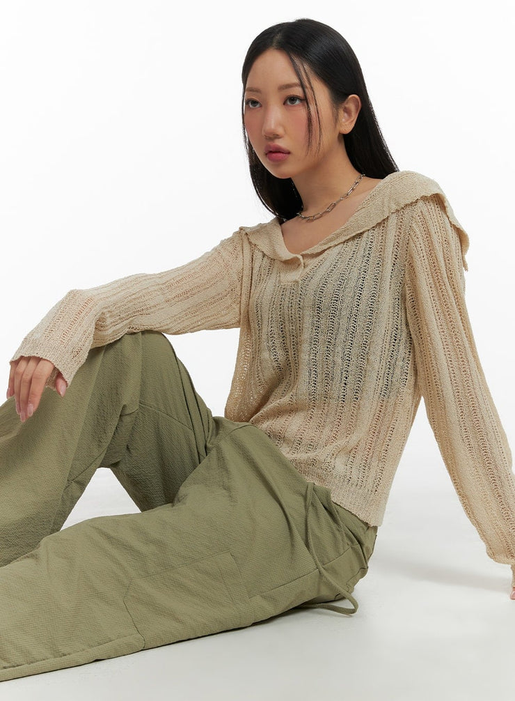 shawl-collar-sheer-knit-top-cm422 / Beige