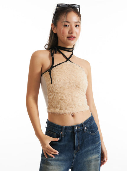 boucle-halter-tie-crop-top-co313 / Beige