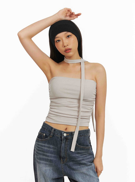 shirred-tube-top-with-scarf-set-iy422 / Beige