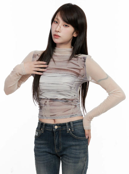 mesh-patterned-long-sleeve-top-co520 / Beige