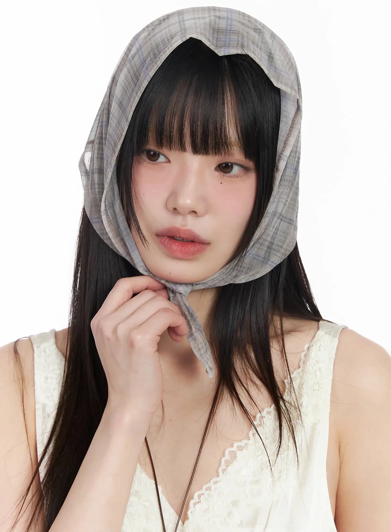 plaid-sheer-headscarf-im523 / Beige