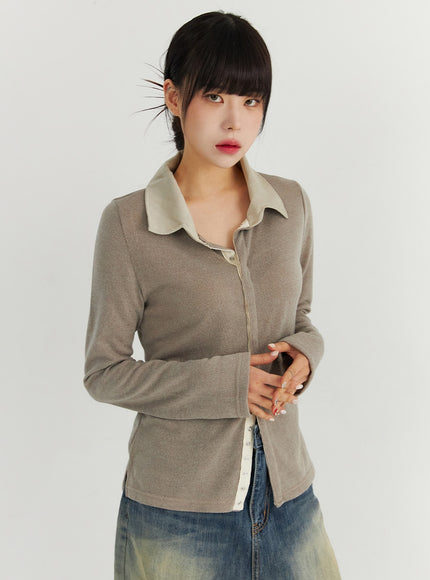 buttoned-long-sleeve-collar-top-co319 / Beige