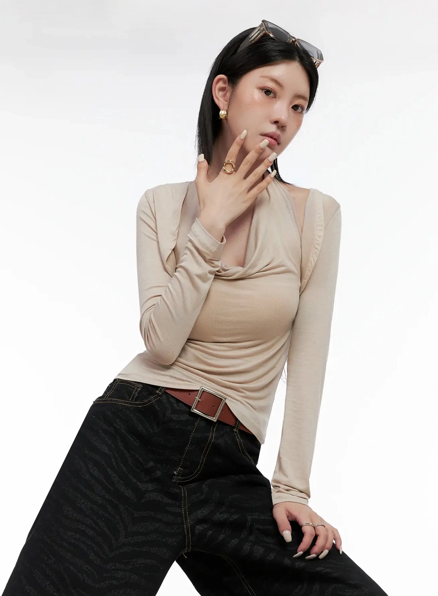 cowl-neck-top-bolero-set-is508 / Beige