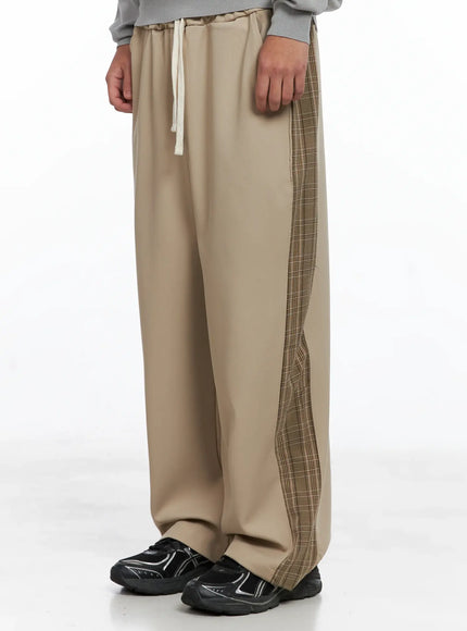 mens-side-plaid-drawstring-pants-ig529 / Beige
