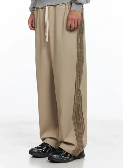 mens-side-plaid-drawstring-pants-ig529 / Beige