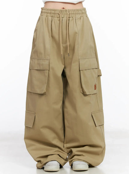 Wide Leg Cargo Pants with Elastic Waist CF519 / Beige