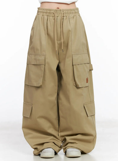 Wide Leg Cargo Pants with Elastic Waist CF519 / Beige