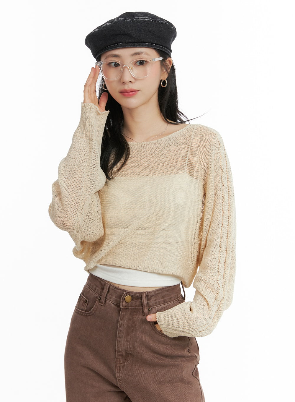 See-Through Knitted Long Sleeve Crop Top OM411