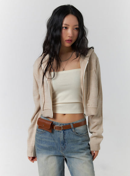 solid-zipper-cropped-hoodie-cf401 / Beige