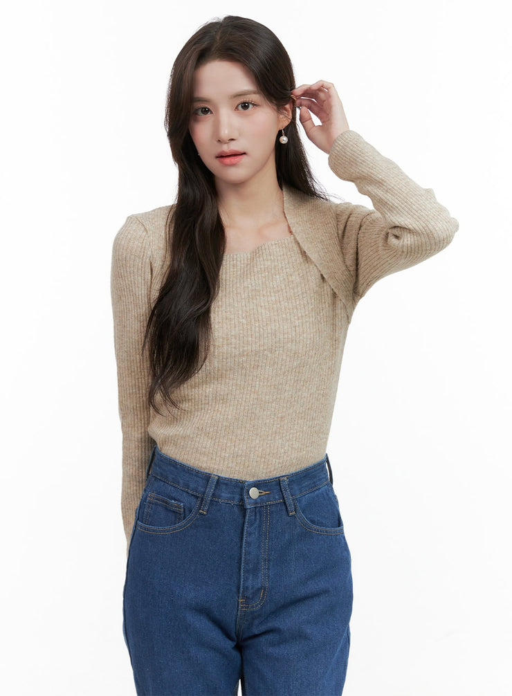 solid-slim-fit-knit-long-sleeve-og412 / Beige