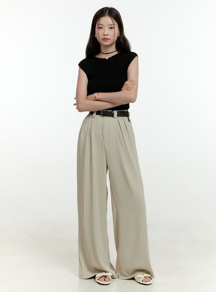 pintuck-wide-leg-tailored-pants-ol430 / Beige