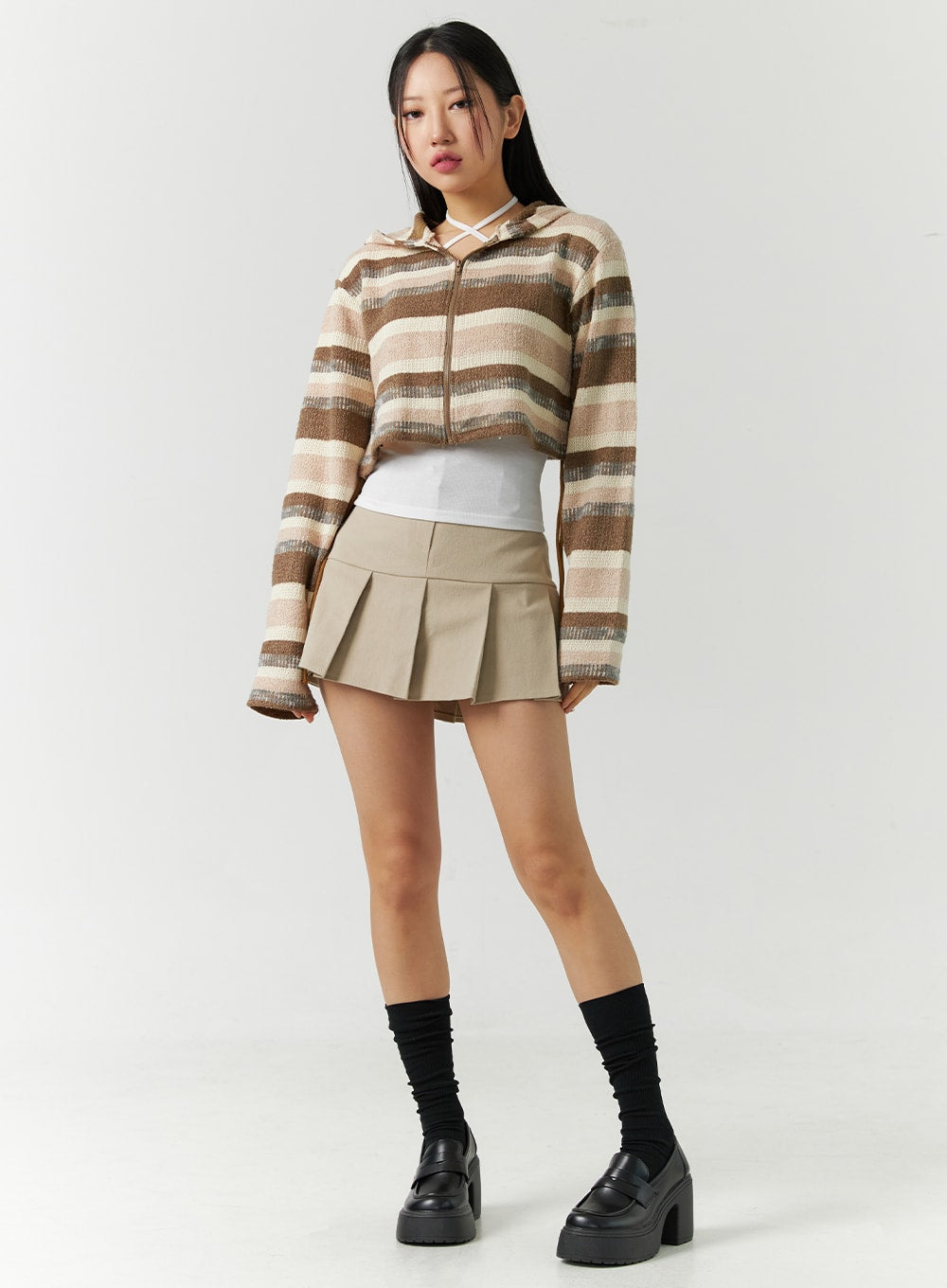 fleece-pleated-mini-skirt-cd301 / Beige