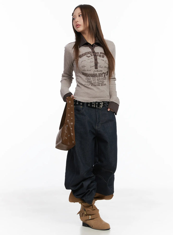 color-block-ribbed-long-sleeve-top-cj512 / Beige