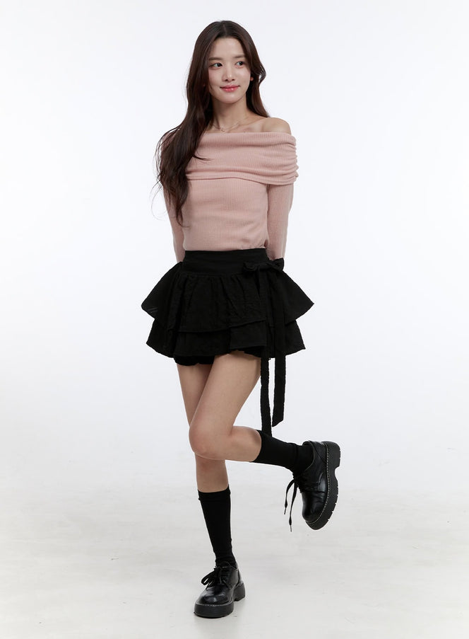 double-layer-ribbon-ruffle-mini-skirt-oo407 / Black