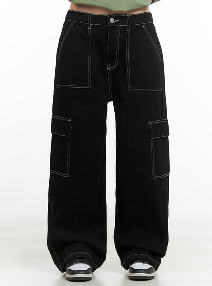 cargo-stitch-cotton-wide-fit-pants-cg420 / Black