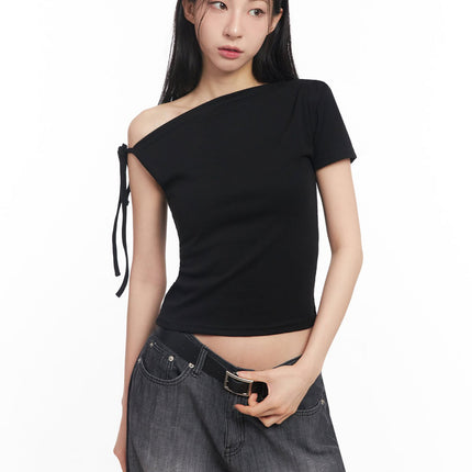 one-shoulder-ribbon-top-iy529 / Black