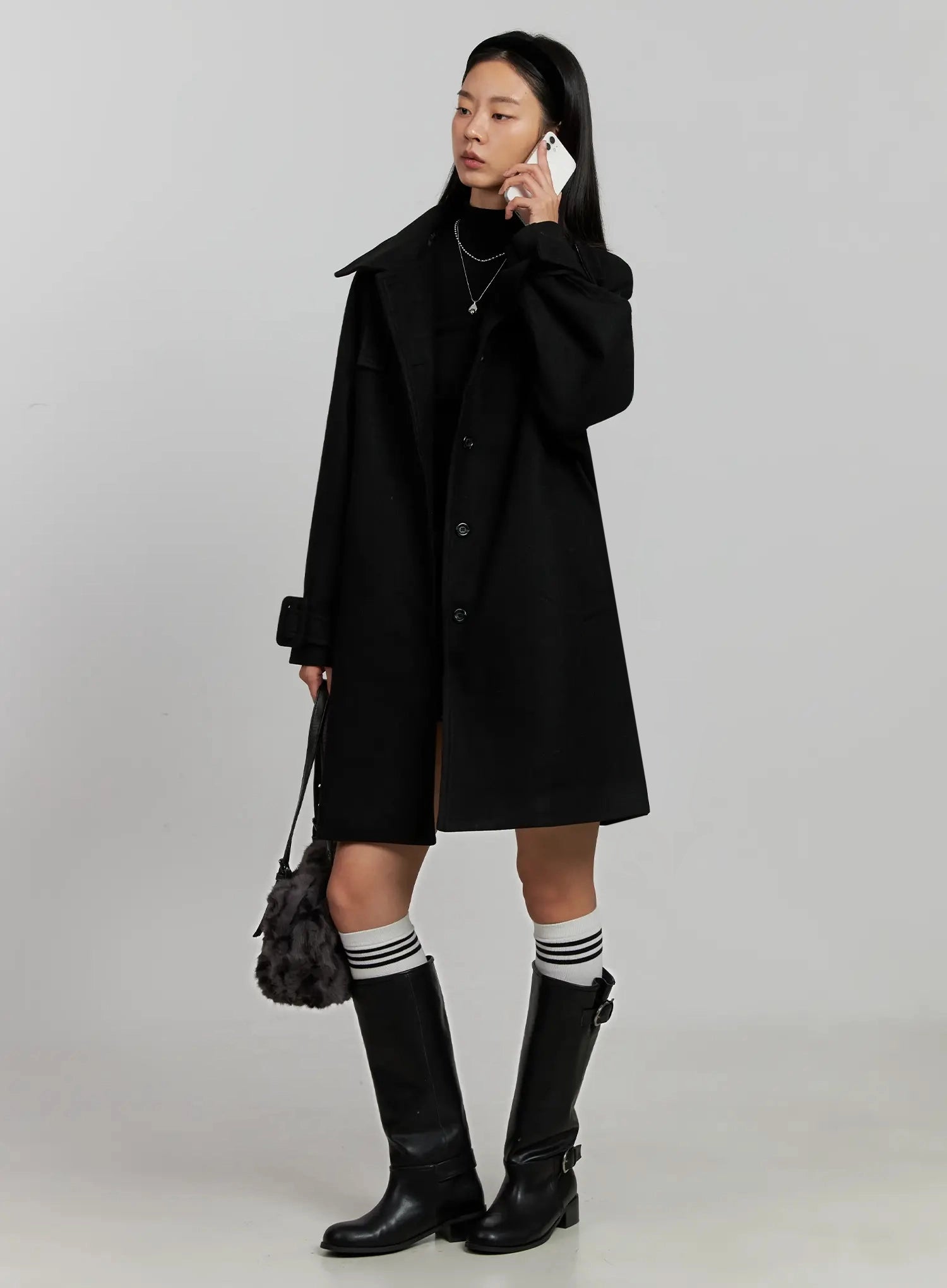 high-neck-knee-length-wool-coat-ij502 / Black