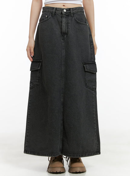 denim-cargo-pocket-washed-maxi-skirt-cg426 / Black