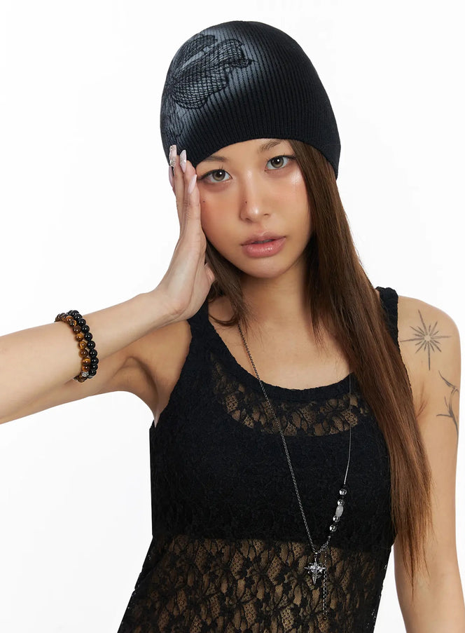 floral-stencil-beanie-iy501 / Black