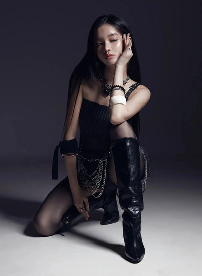 one-shoulder-asymmetric-striped-crop-top-is525 / Black