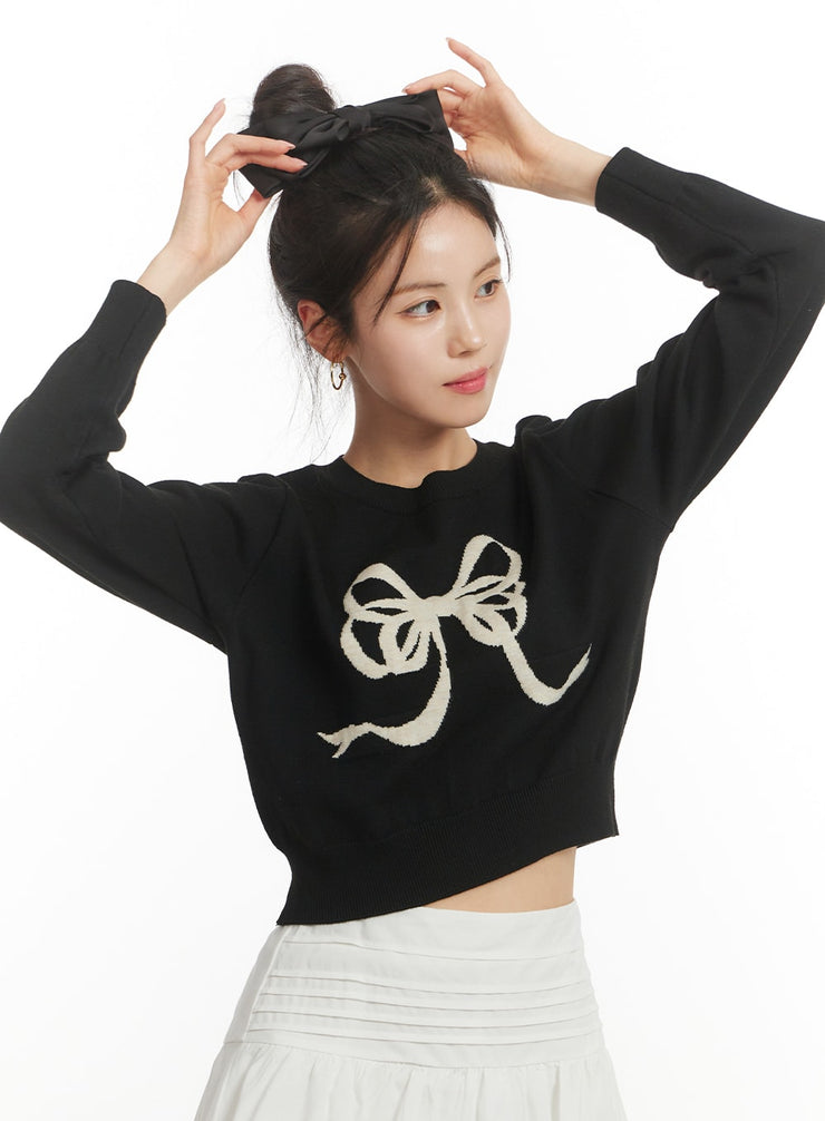 ribbon-graphic-sweater-crop-top-om404 / Black