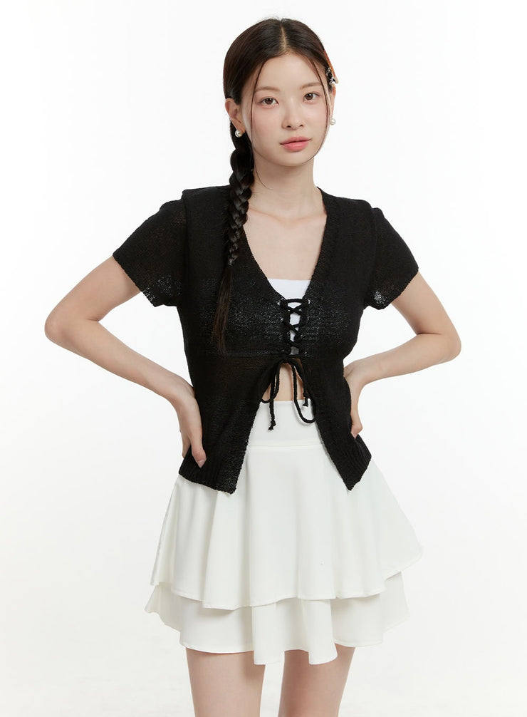 sheer-v-neck-tie-short-sleeve-cardigan-ol423 / Black