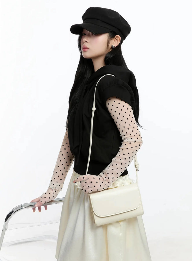 ribbon-detail-short-sleeve-hoodie-im519 / Black