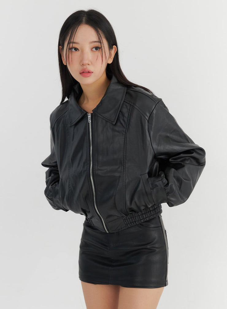 collar-faux-leather-zip-up-jacket-co325 / Black