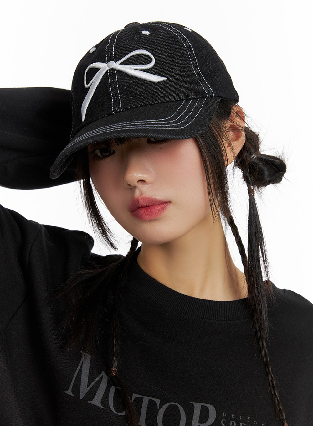 ribbon-stitch-denim-cap-if421 / Black