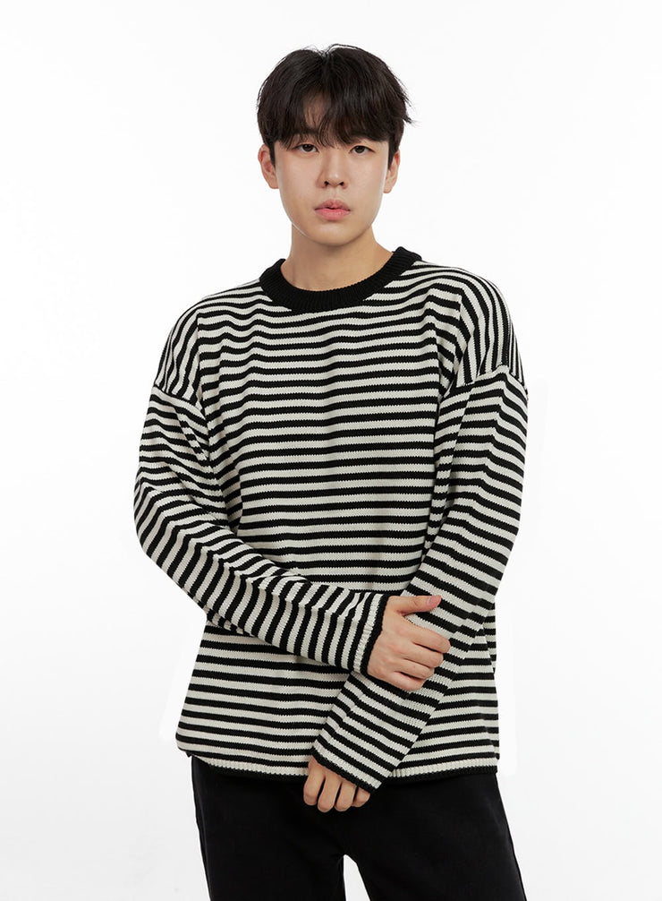 mens-acrylic-striped-long-sleeve-top-in422 / Black