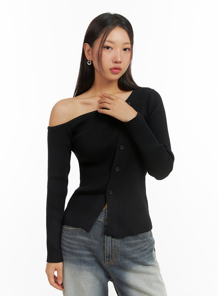 one-shoulder-buttoned-slim-cardigan-is402 / Black