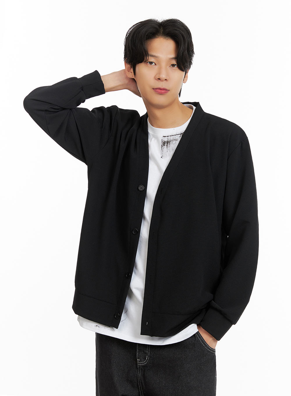 mens-v-neck-buttoned-knit-cardigan-ia402 / Black