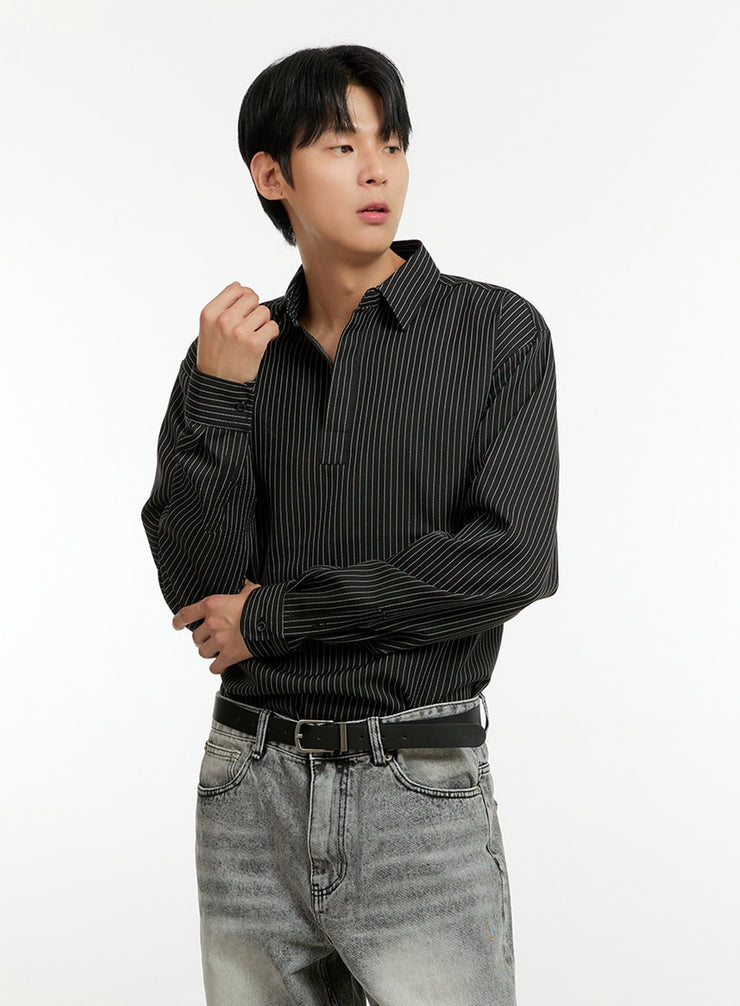 mens-stripe-buttoned-collar-shirt-il412 / Black