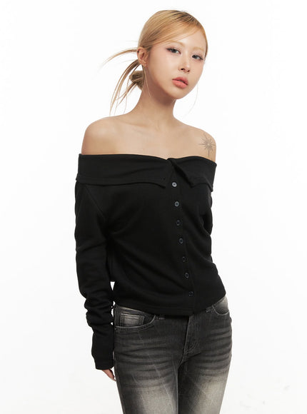 buttoned-off-shoulder-cardigan-top-cj507 / Black