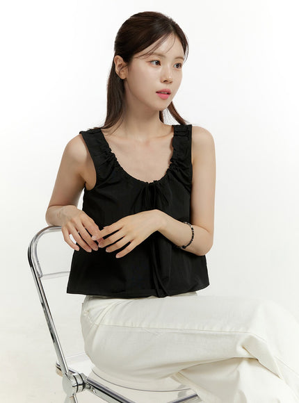 shirring-u-neck-crop-sleeveless-top-ou428 / Black