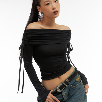 shirred-solid-off-shoulder-crop-top-io409 / Black