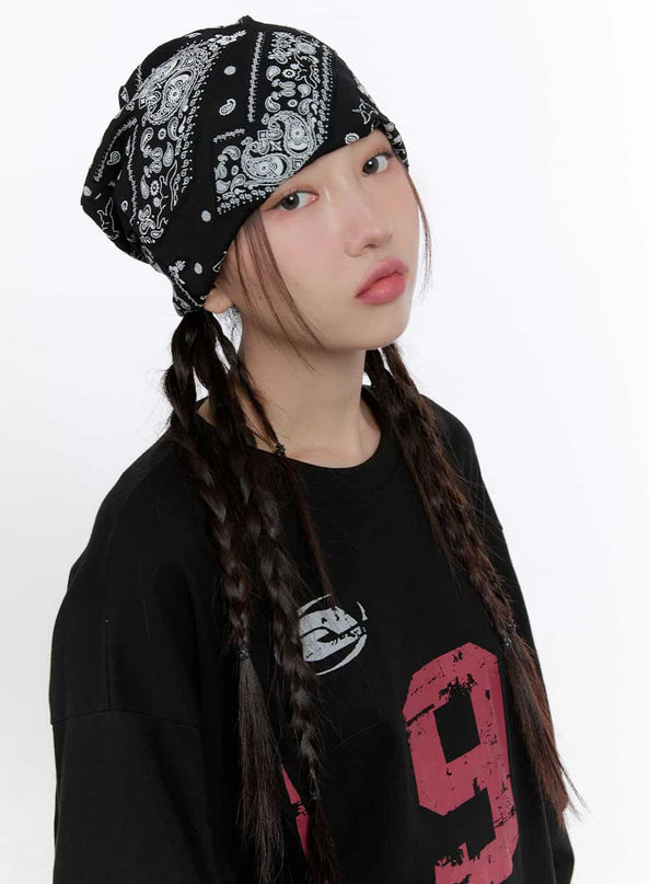 boho-paisley-print-beanie-cs410 / Black