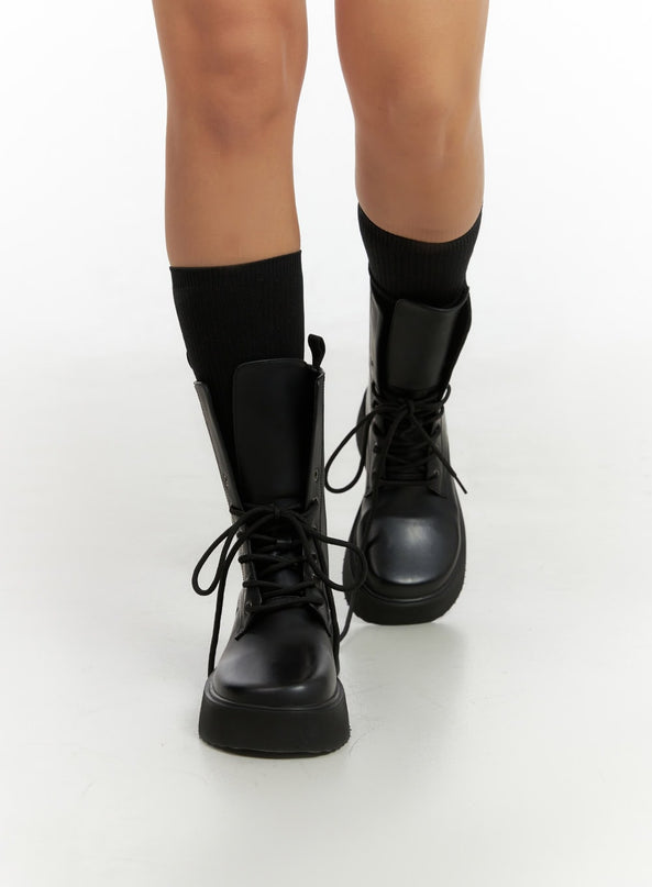 lace-up-faux-leather-midi-boots-is402 / Black