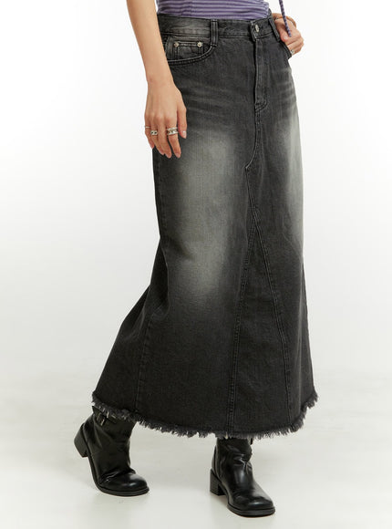 destroyed-hem-denim-maxi-skirt-cu421 / Black