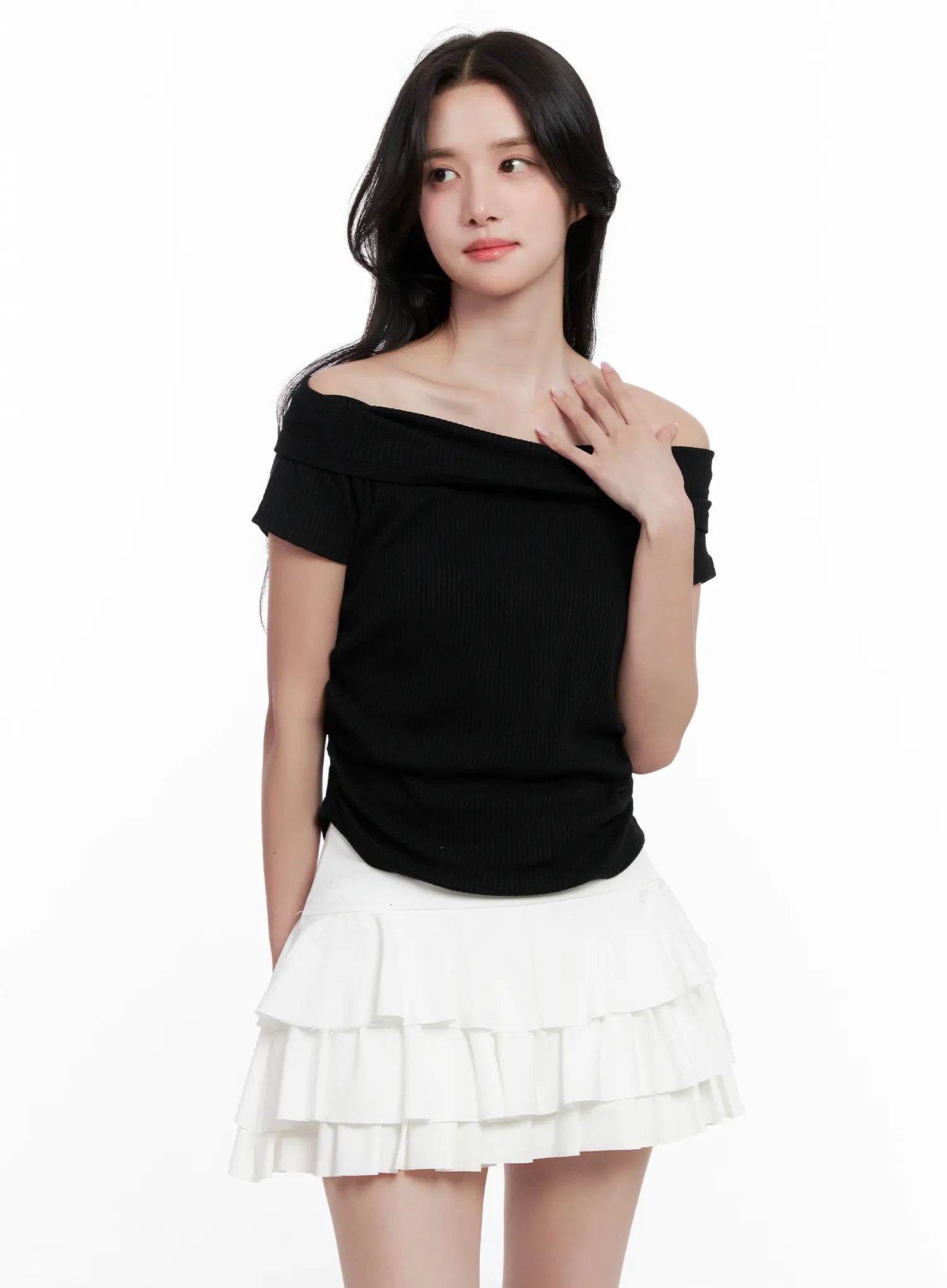 off-shoulder-ribbed-tee-cl515 / Black