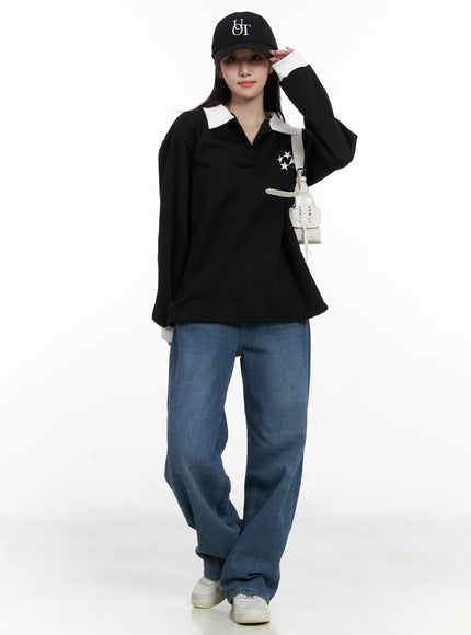 contrast-color-collar-long-sleeve-cn5265 / Black
